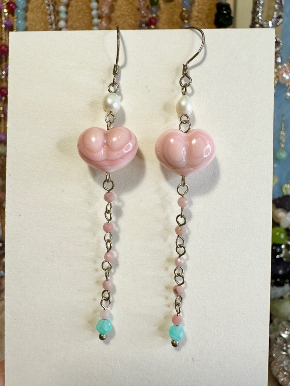 Pink Natural Stone Heart Dangle Earrings Sterling Silver length 3 inches